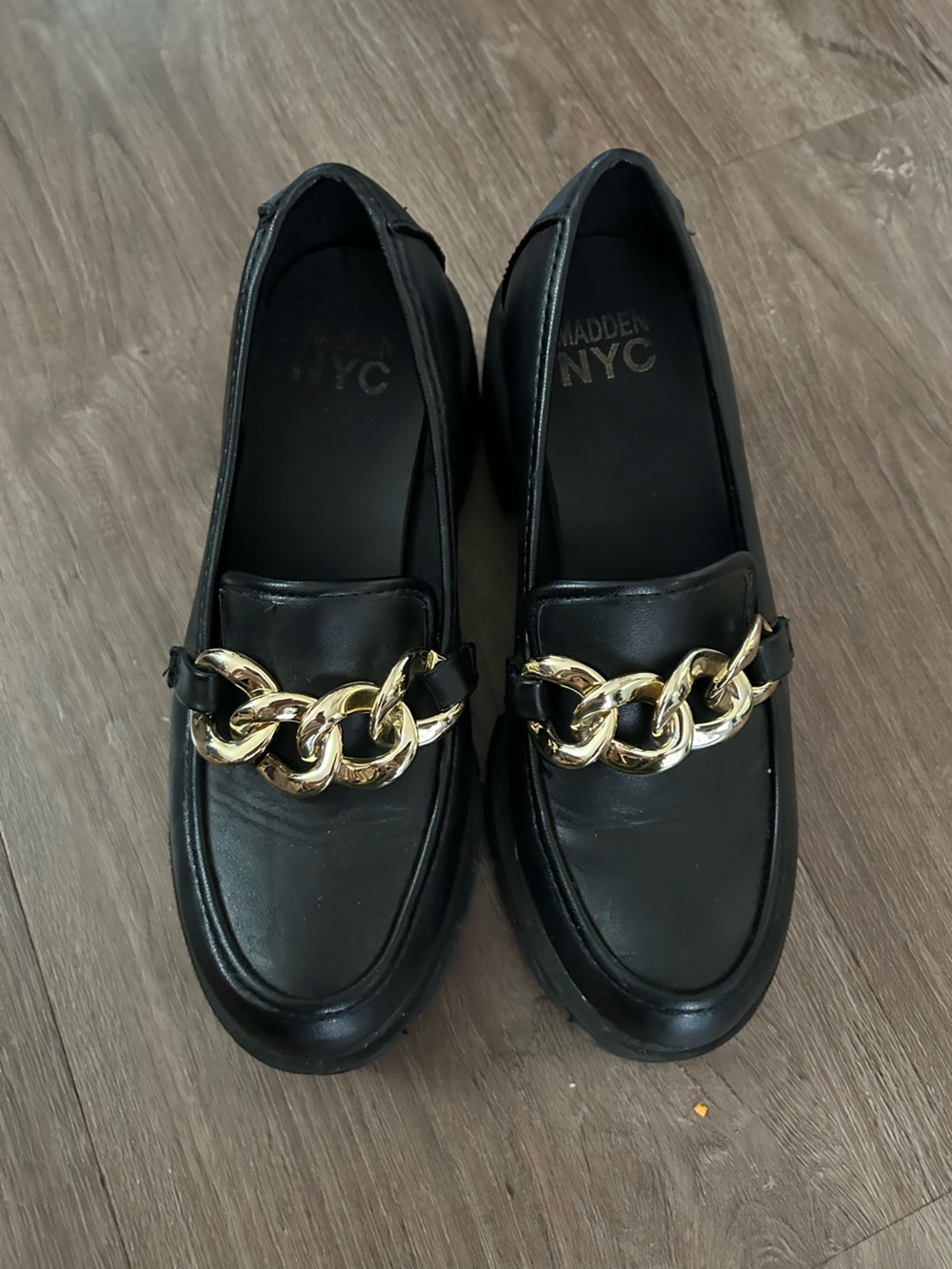 Black Leather Slip-On Loafers with gold chain Detail